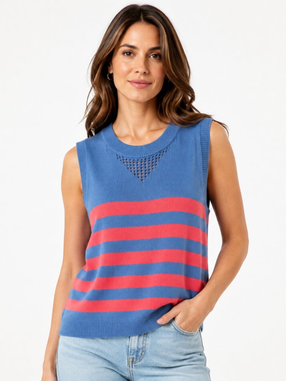 Evereve Blue Pink Stripe Sleeveless Crew Neck Sweater Vest Coastal Preppy Knit L